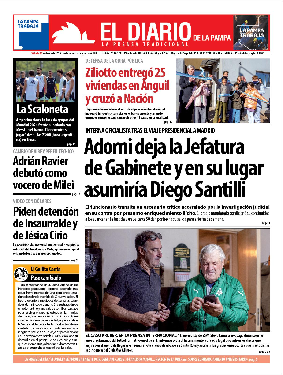 Tapa de El Diario en papel  saacutebado 27 de junio de 2026
